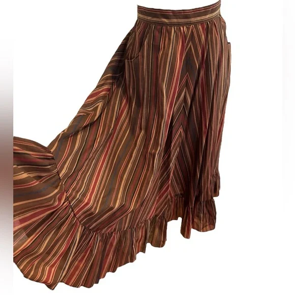 NWOT 70s PBJ BOHO RETRO BROWN & BURGUNDY STRIPED TIERED RUFFLED MIDI SKIRT SZ 9 - Picture 1 of 7